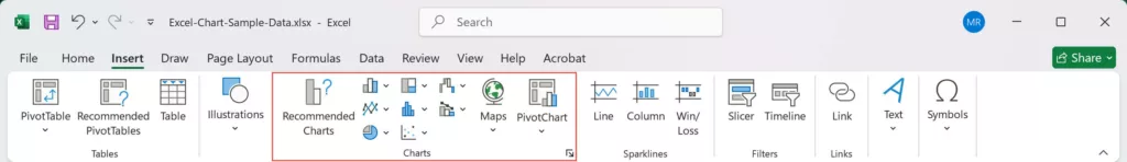 The Charts group on the Insert tab in Excel 365