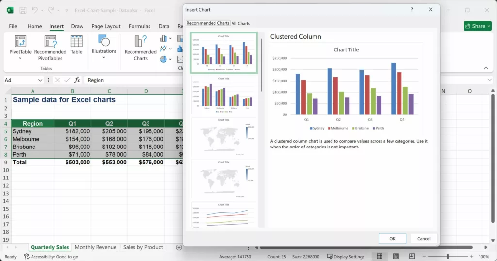 Excel's Recommended Charts dialog previewing a clustered column chart