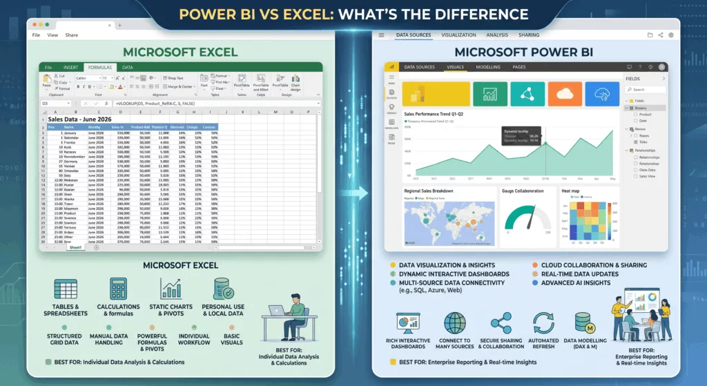 Comparison chart showing Power BI and Excel differences