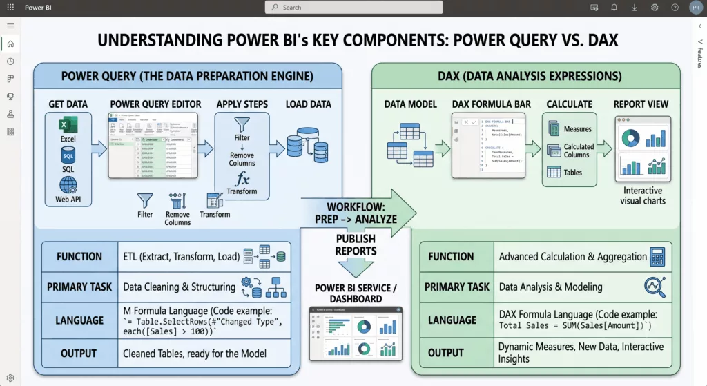 Diagram showing Power Query and DAX data tools