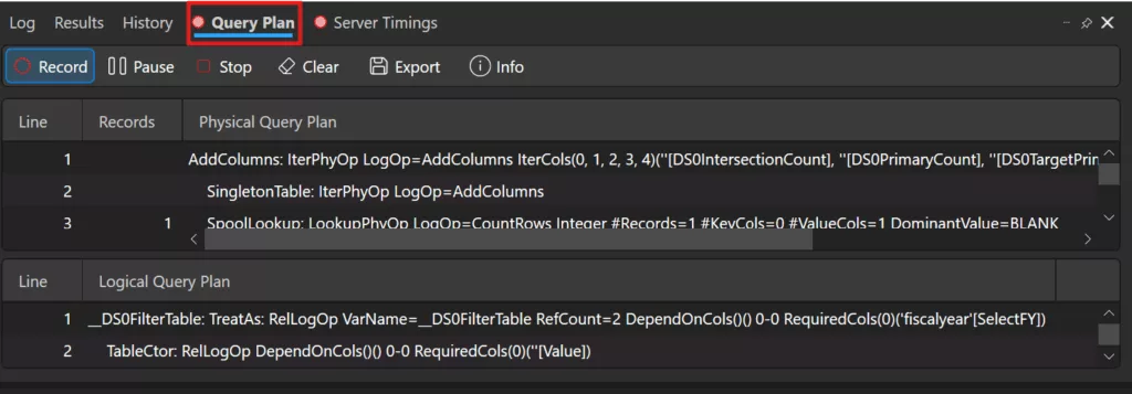 The Query Plan tab in DAX Studio showing the logical and physical execution steps.