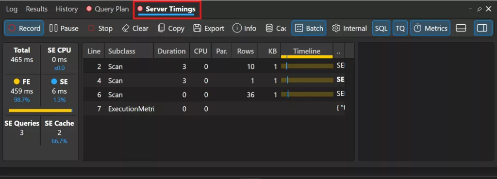 Server Timings tab in DAX Studio showing FE and SE time split in milliseconds.