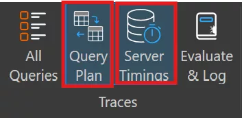 DAX Studio ribbon with Server Timings and Query Plan diagnostic buttons toggled on.