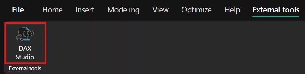 Power BI Desktop External Tools ribbon with the DAX Studio icon selected.