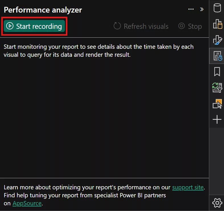 Clicking the Start Recording button in the Power BI Performance Analyzer pane.