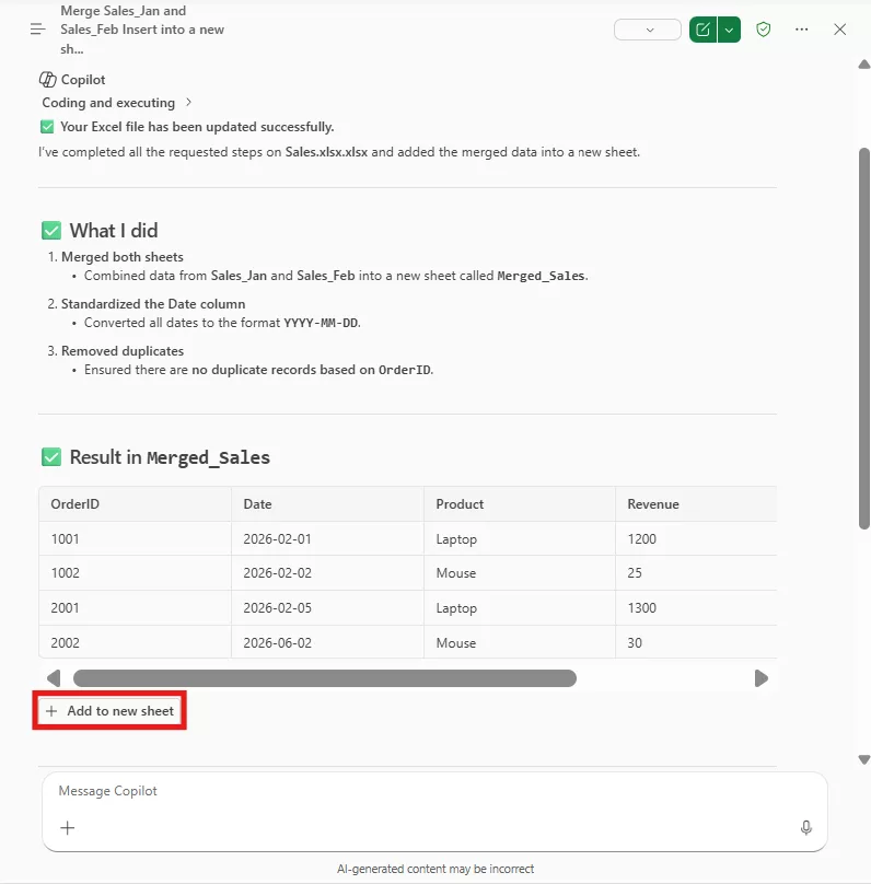 Typing a prompt in Copilot to merge worksheets and standardize date formats.