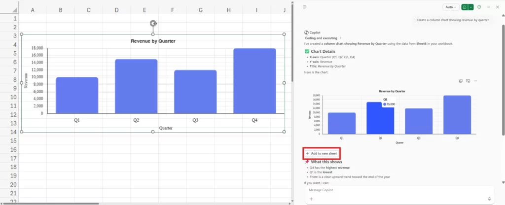 An interactive column chart in Excel showing Revenue by Quarter.