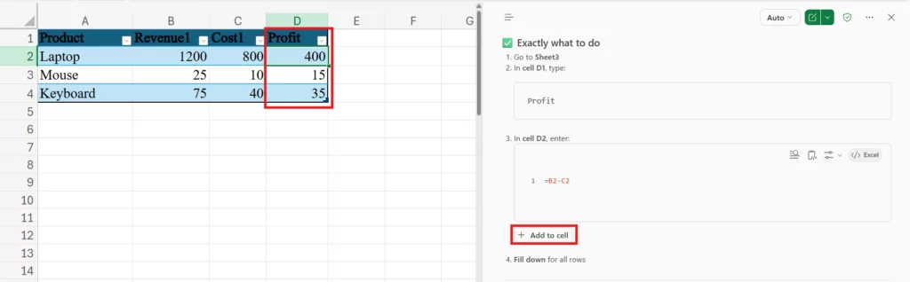 Copilot generating a profit calculation formula (Revenue minus Cost) in Excel.