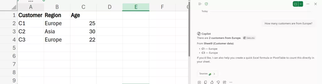 Copilot Chat returning a specific count of customers from a specific region.
