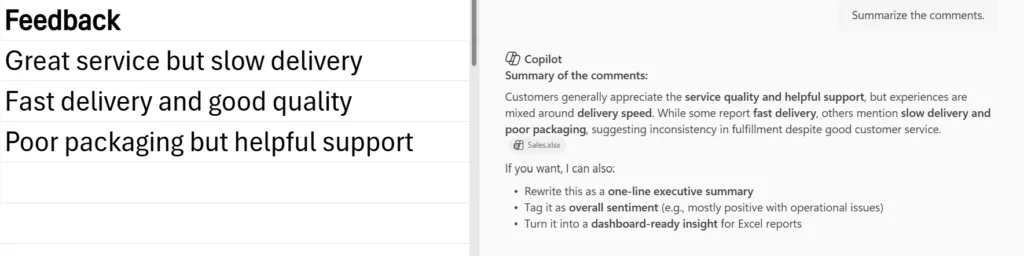 A bulleted summary of survey comments generated by Copilot in Excel.