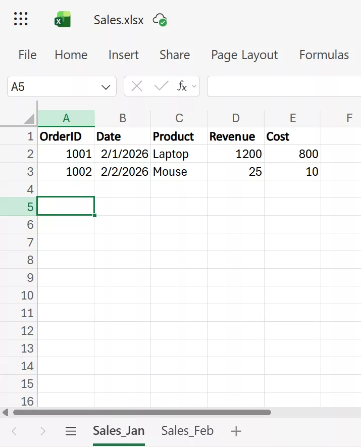 Excel workbook with multiple sheets named Sales_Jan, Sales_Feb, and Sales_Mar.