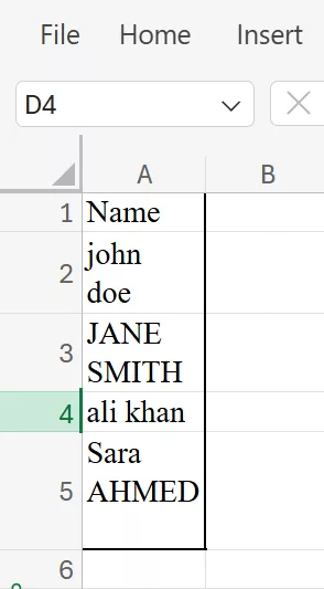 Excel column showing messy data with extra spaces and inconsistent casing.