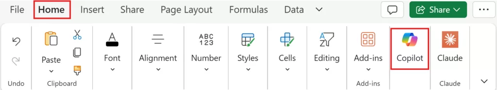 Microsoft Excel web ribbon showing the Copilot icon on the Home tab.