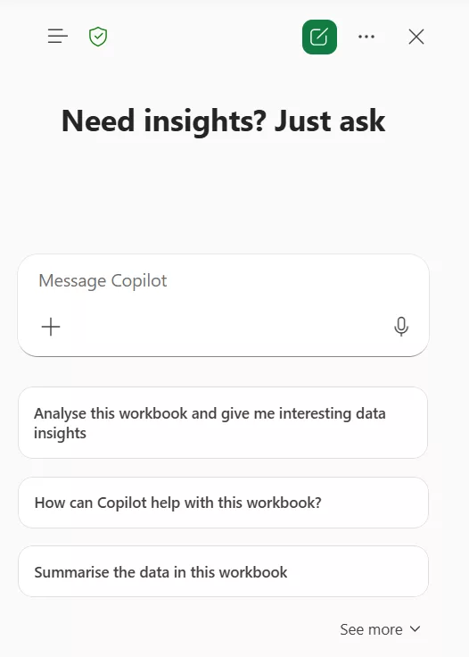 The Copilot Chat interface opened as a side pane in Excel for Web.