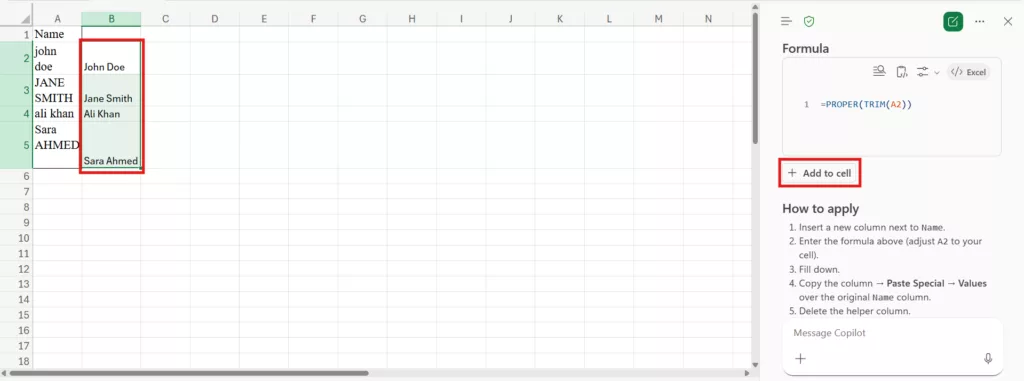 User clicking the + Add to cell button in Excel for a Copilot suggested formula.