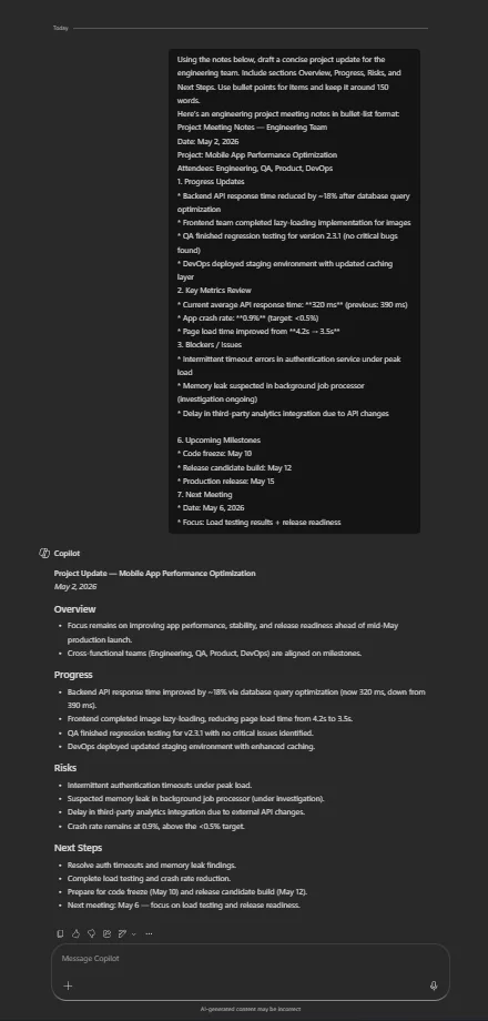 Word: An example of Copilot generating a concise project update with bulleted sections from meeting notes.