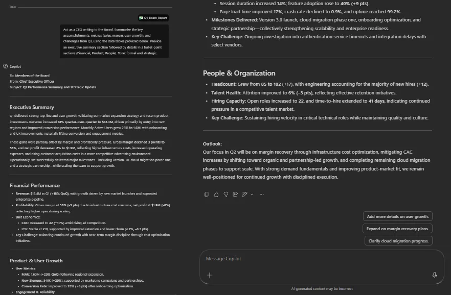 Word: An example of an executive board report drafted by Copilot based on Q1 KPIs and metrics.
