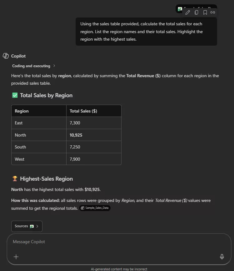 Excel: Copilot generating summary formulas and tables to calculate total sales by region.