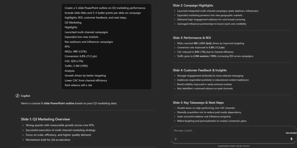PowerPoint: An outline generated by Copilot summarizing Q3 marketing performance into five slides.