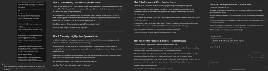 PowerPoint: Speaker notes created by Copilot to accompany a six-slide presentation.