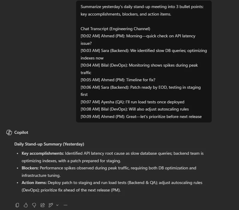 Teams: Copilot summarizing a daily stand-up meeting into key accomplishments, blockers, and action items.