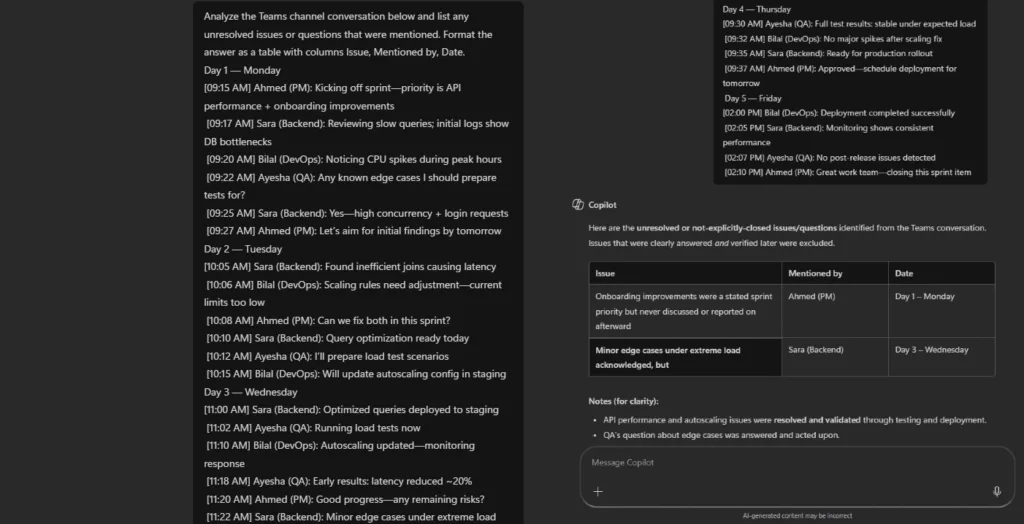 Teams: A table generated by Copilot extracting unresolved issues and assigned team members from chat logs.