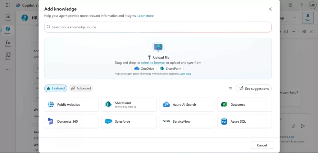 Menu for adding knowledge sources to Copilot Studio