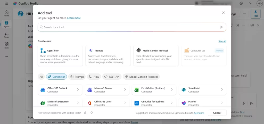 Menu for adding tools and connectors to an agent