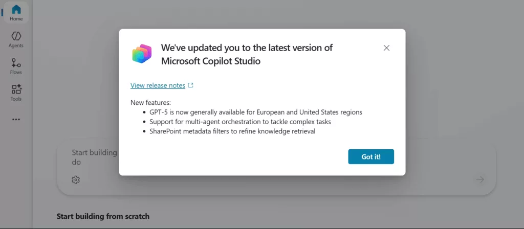 Release notes showing updates in Copilot Studio