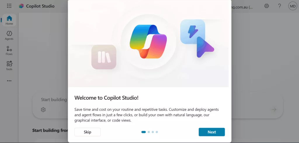 Welcome modal tour in Microsoft Copilot Studio