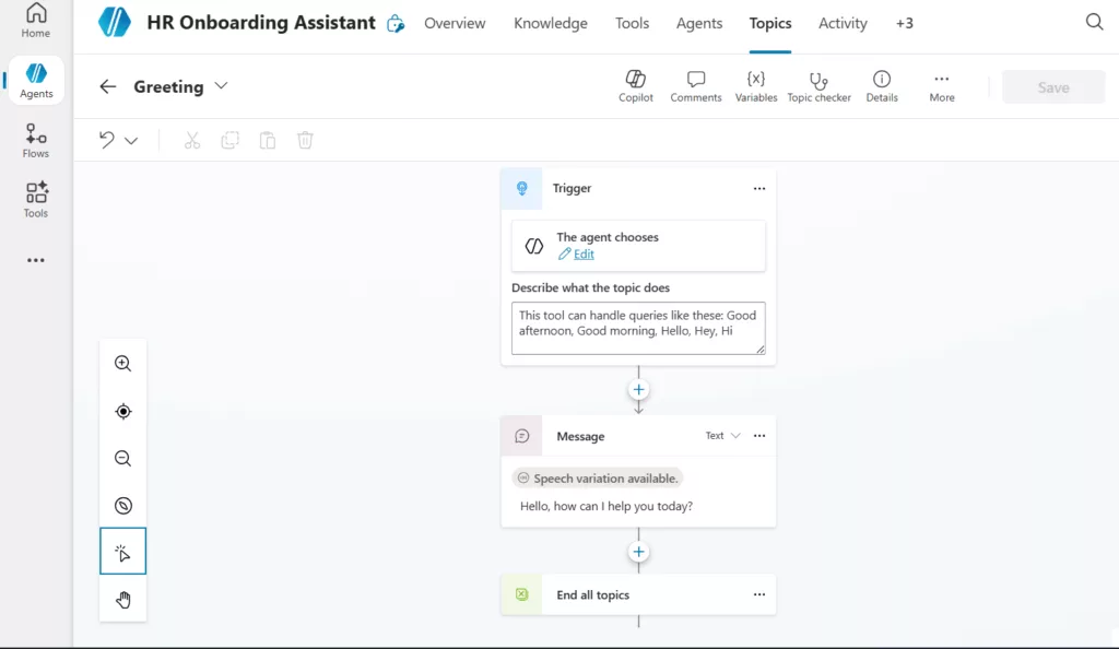 Visual editor showing the Greeting topic flow