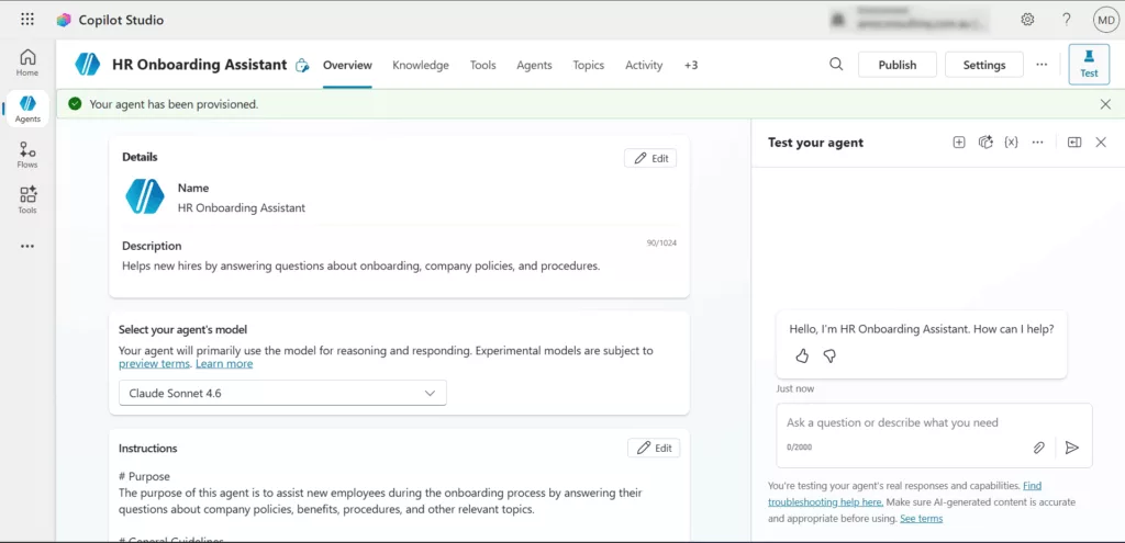 Interface showing the provisioned HR Onboarding Assistant