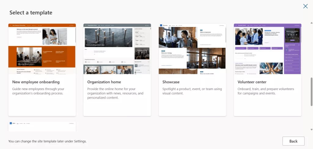 Choosing a communication site template in SharePoint
