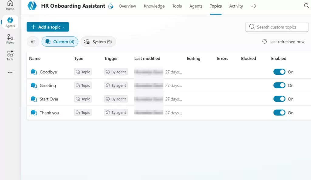 List of custom and system topics in Copilot Studio