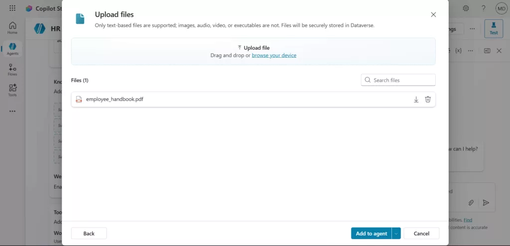 Dialog box for uploading files to the Copilot agent