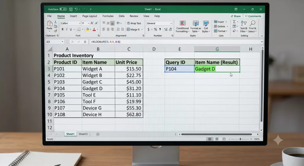Example of an XLOOKUP formula in Excel retrieving an item name based on a product ID.