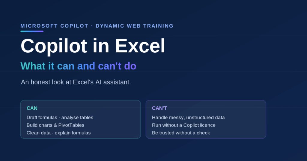 Dynamic Web Training banner titled Copilot in Excel: What it can and can't do, outlining capabilities like drafting formulas and analyzing tables versus limits like requiring a licence and structured data.