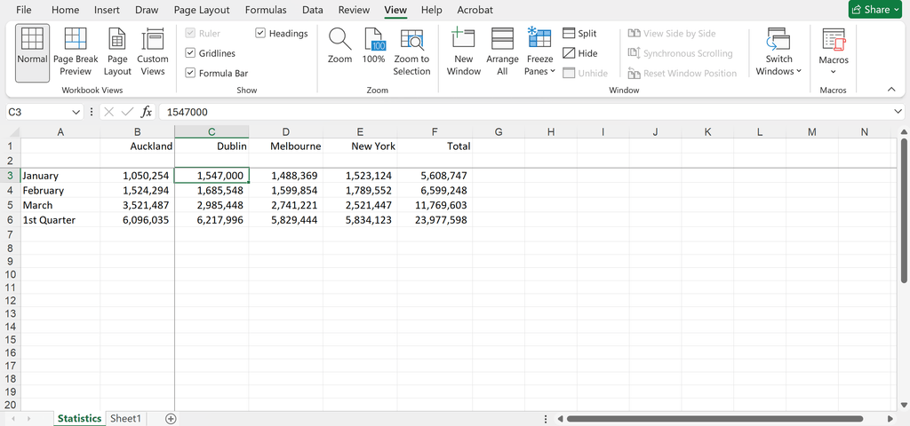 An Excel worksheet with rows 1 to 2 and columns A to B frozen, showing the grey freeze lines while scrolling