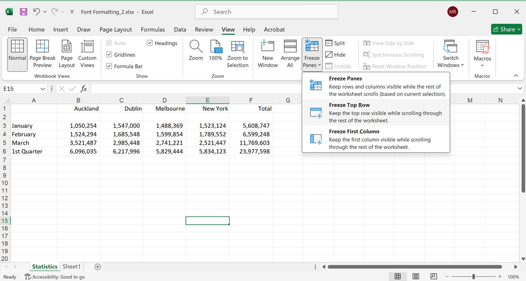 The Freeze Panes dropdown on the View tab in Excel showing Freeze Panes, Freeze Top Row and Freeze First Column
