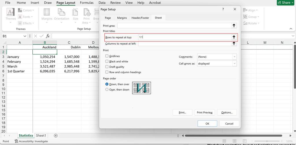 The Page Setup dialog box in Excel with Rows to repeat at top set to row 1 for printing