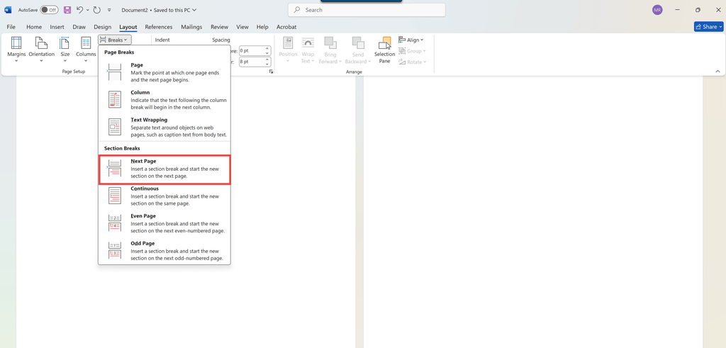 The Header and Footer tab in Word with Link to Previous turned off for a new section's footer