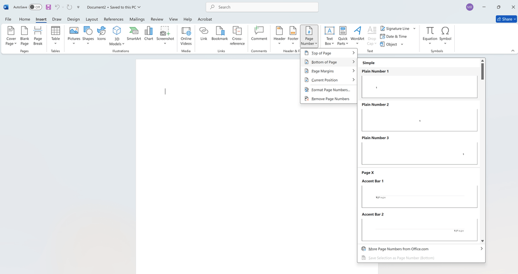 The Page Number menu on the Insert tab in Word showing the Bottom of Page gallery of page number styles