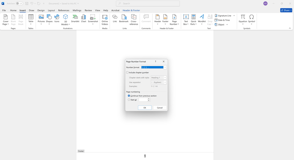 The Page Number Format dialog box in Word with the number format and Start at options